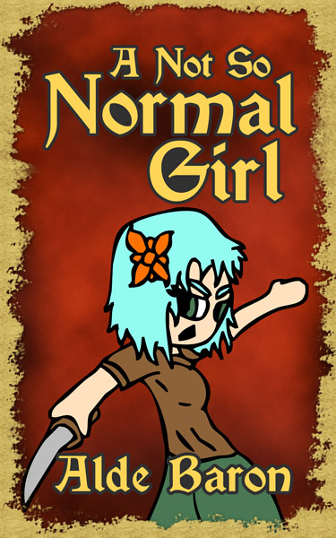 Book cover for A Not So Normal Girl, by Alde Baron, red, with Desi Baron on the front, holding a dagger